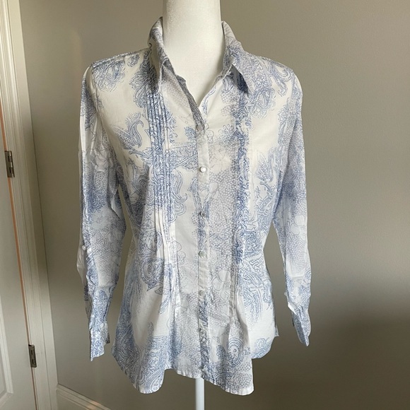 COLDWATER CREEK Blue & White Casual Blouse, Pin-tucks, Button-Down, M - Picture 1 of 15